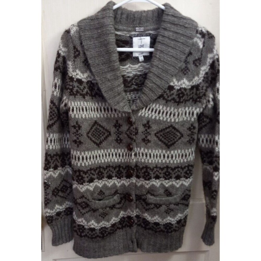 Women's I Love H81 Gray/Grey Shawl Collar Button Down Sweater Size Large